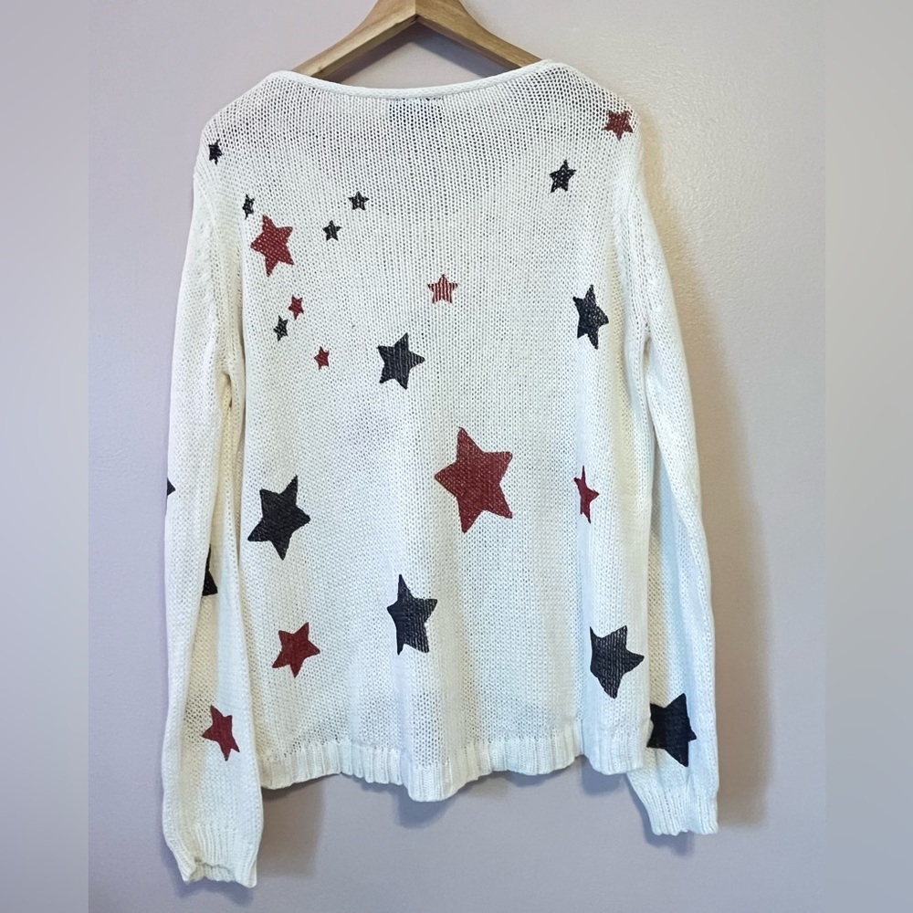 Wooden Ships Paola Buendia Cotton V Neck Knit Sweater Americana USA Star Sz M/L - Picture 3 of 6